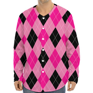 Pink And Black Argyle Pattern Print Long Sleeve Baseball Jersey