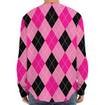 Pink And Black Argyle Pattern Print Long Sleeve Baseball Jersey