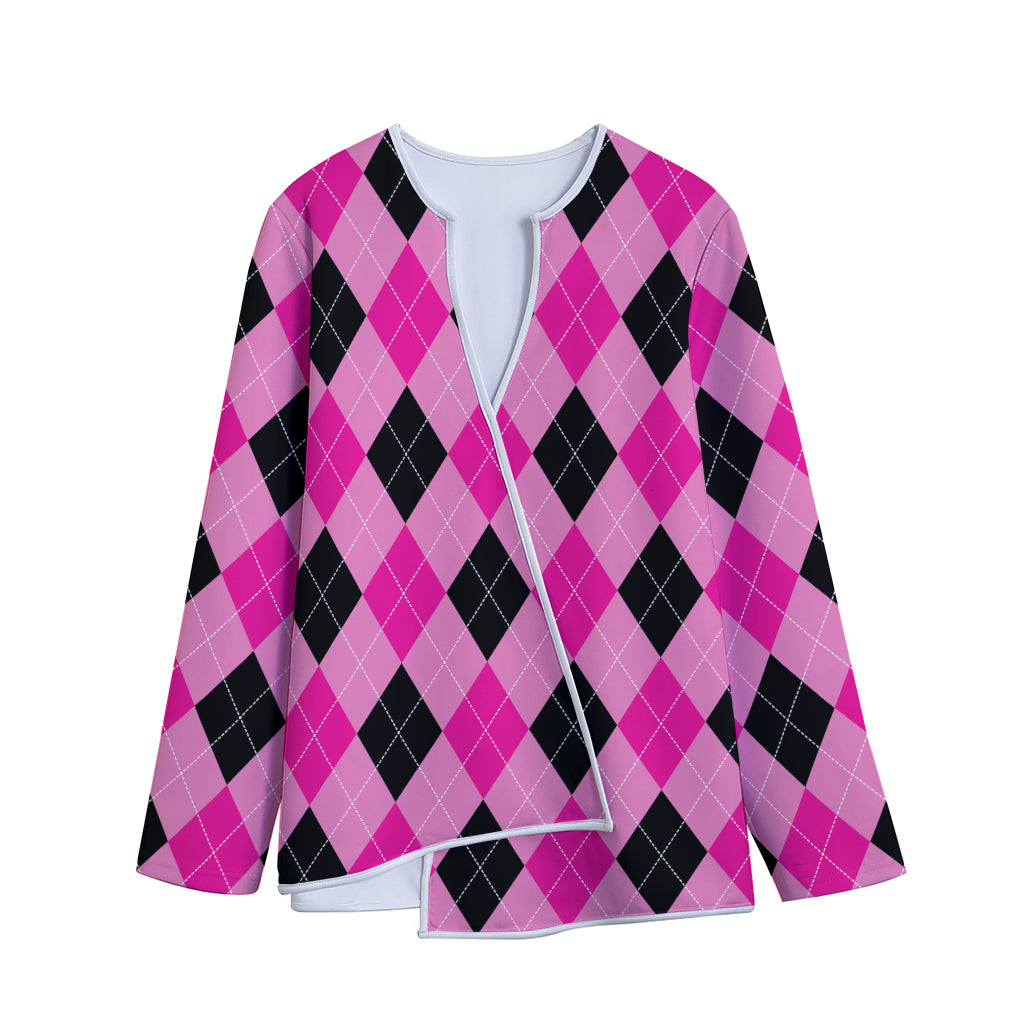 Pink And Black Argyle Pattern Print Long Sleeve Short Coat