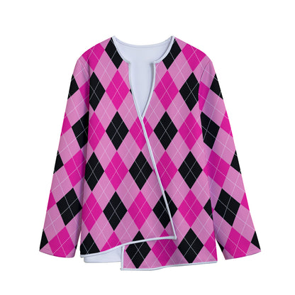 Pink And Black Argyle Pattern Print Long Sleeve Short Coat
