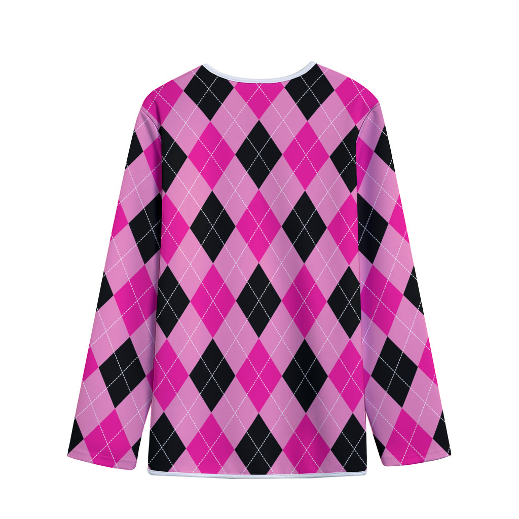 Pink And Black Argyle Pattern Print Long Sleeve Short Coat