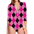 Pink And Black Argyle Pattern Print Long Sleeve Swimsuit