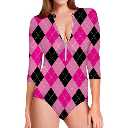 Pink And Black Argyle Pattern Print Long Sleeve Swimsuit