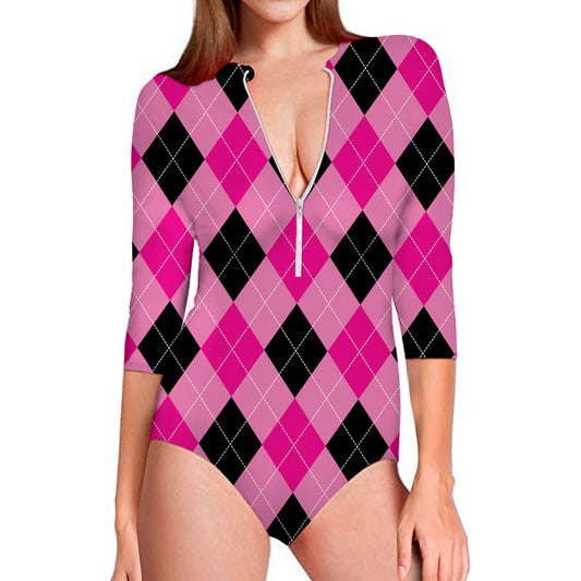 Pink And Black Argyle Pattern Print Long Sleeve Swimsuit