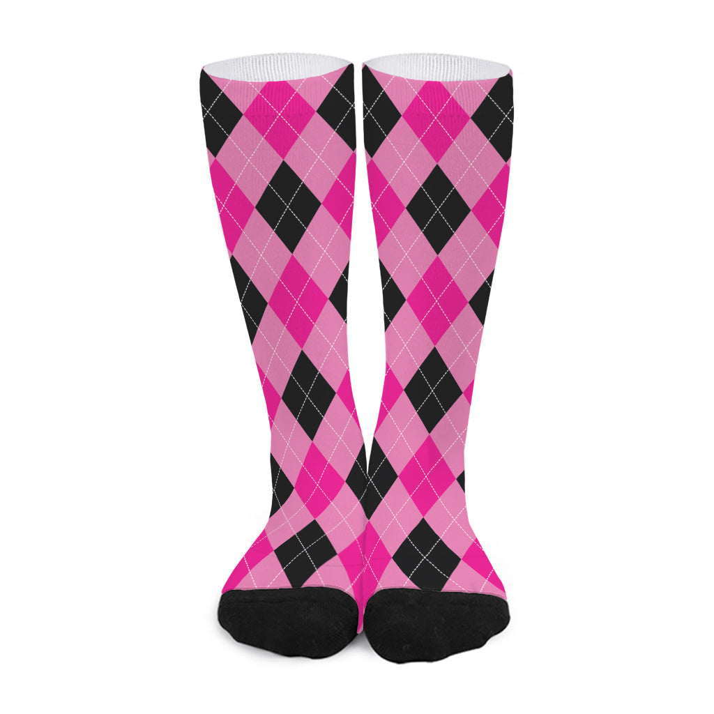 Pink And Black Argyle Pattern Print Long Socks