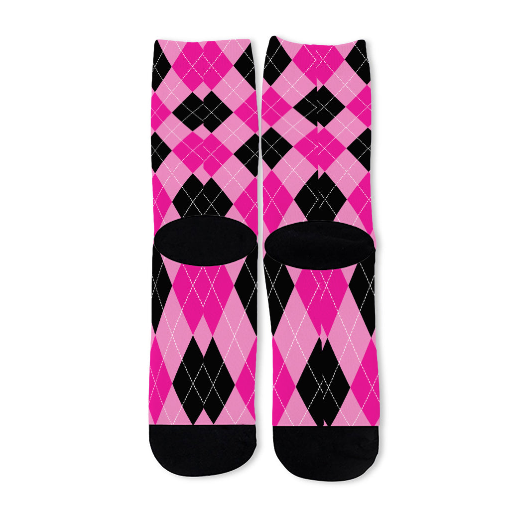 Pink And Black Argyle Pattern Print Long Socks