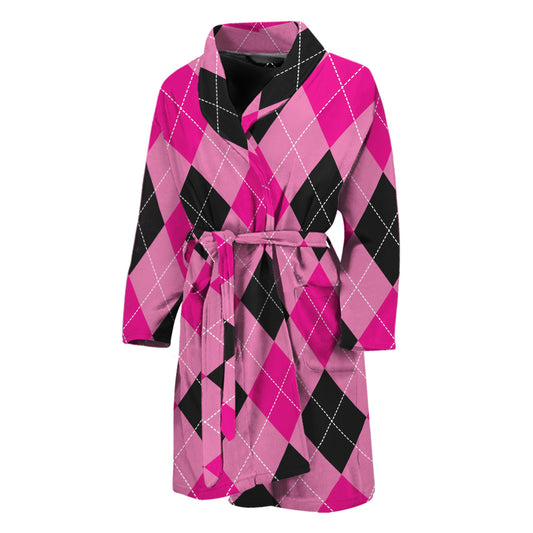 Pink And Black Argyle Pattern Print Men's Bathrobe
