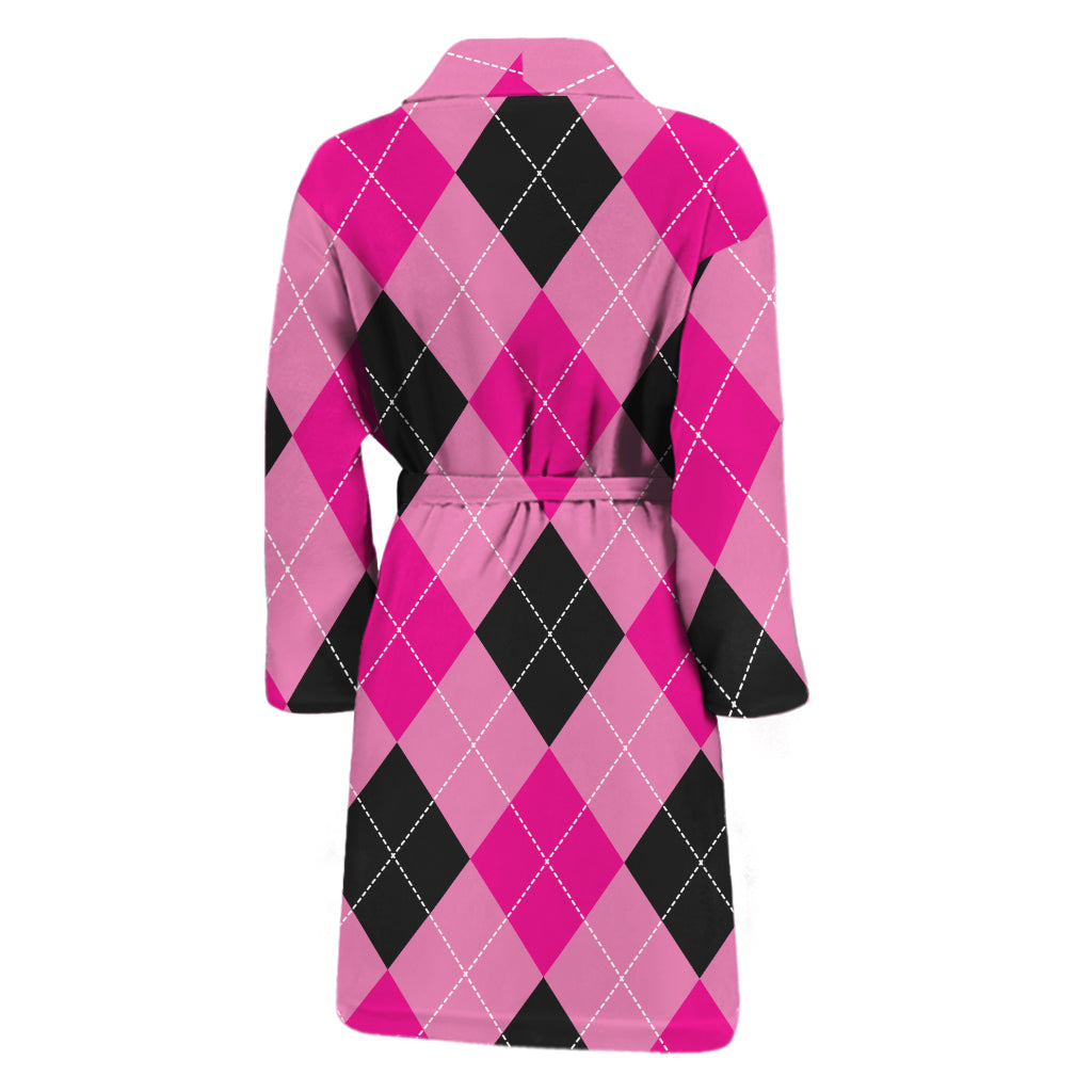 Pink And Black Argyle Pattern Print Men's Bathrobe