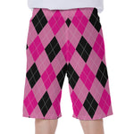 Pink And Black Argyle Pattern Print Men's Beach Shorts