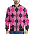 Pink And Black Argyle Pattern Print Men's Bomber Jacket