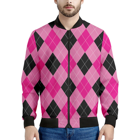 Pink And Black Argyle Pattern Print Men's Bomber Jacket