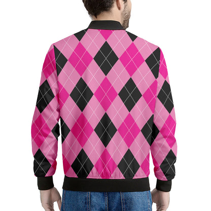 Pink And Black Argyle Pattern Print Men's Bomber Jacket