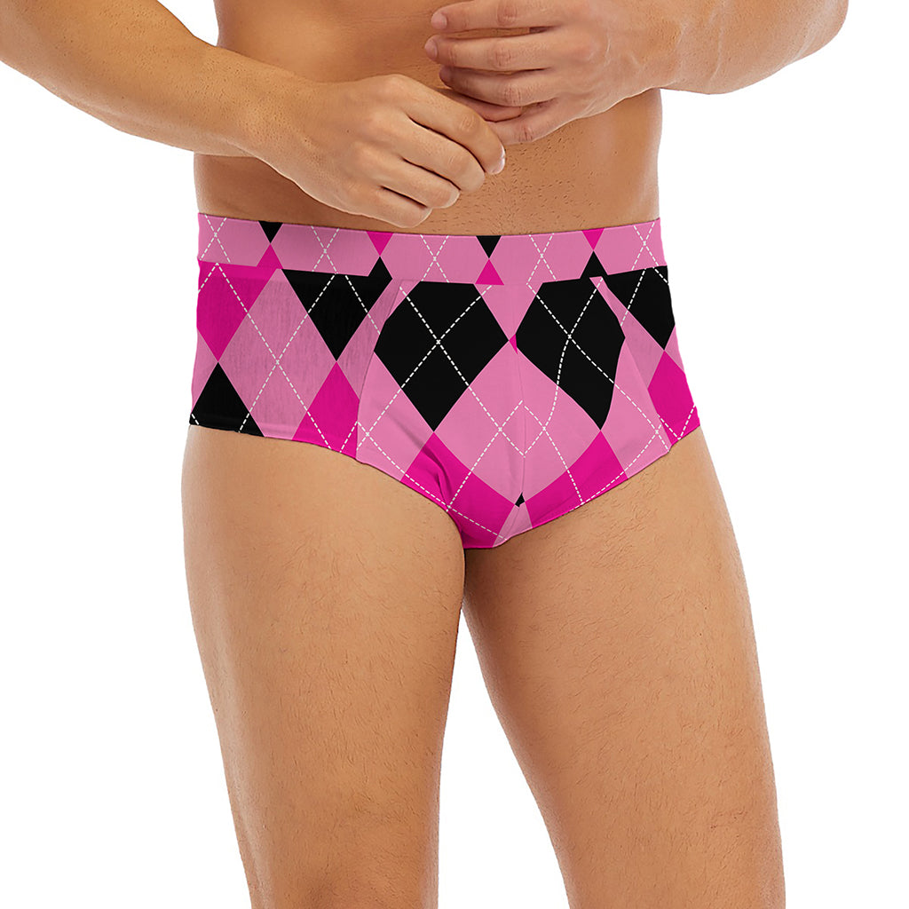 Pink And Black Argyle Pattern Print Men's Briefs