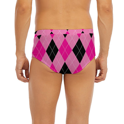 Pink And Black Argyle Pattern Print Men's Briefs