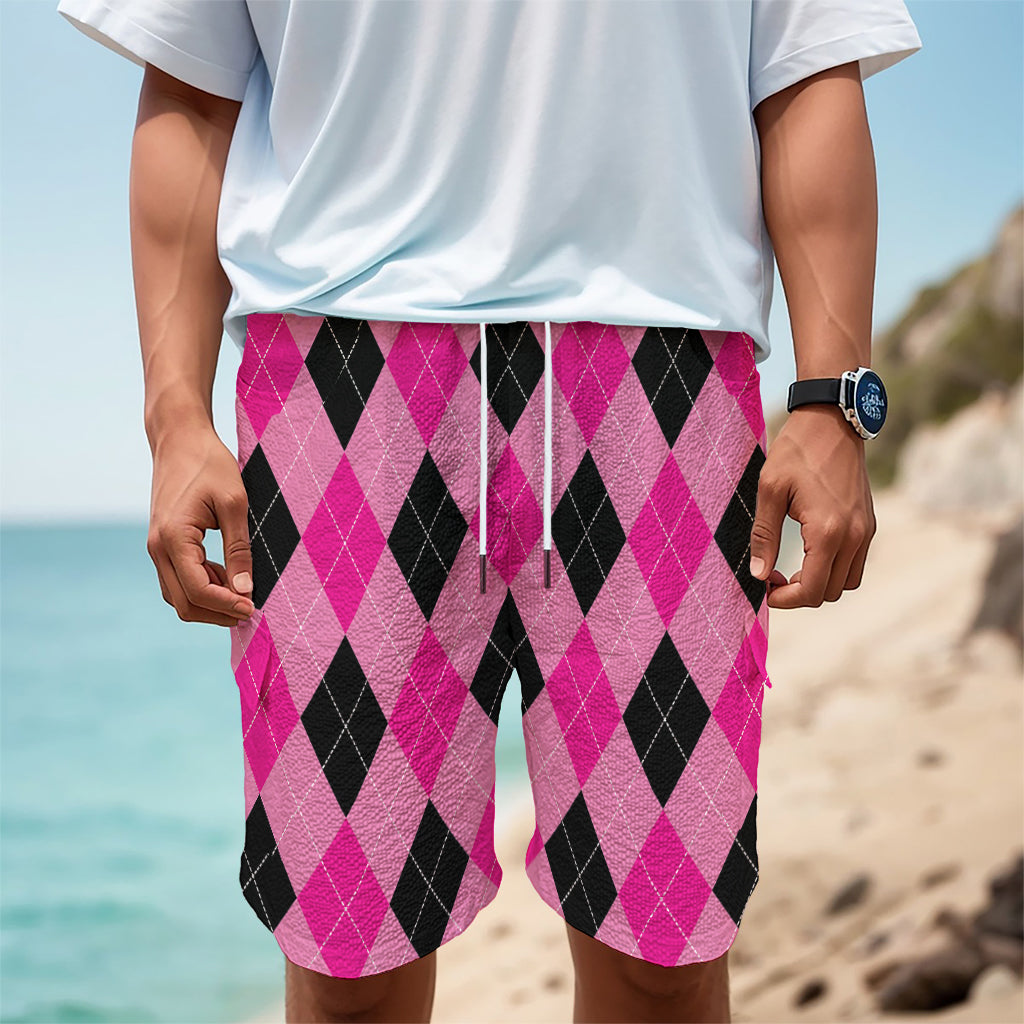 Pink And Black Argyle Pattern Print Men's Cargo Shorts