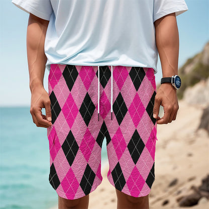 Pink And Black Argyle Pattern Print Men's Cargo Shorts