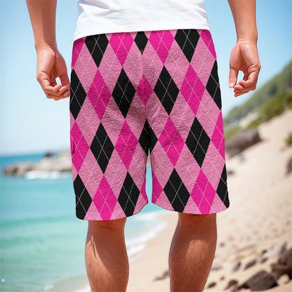 Pink And Black Argyle Pattern Print Men's Cargo Shorts