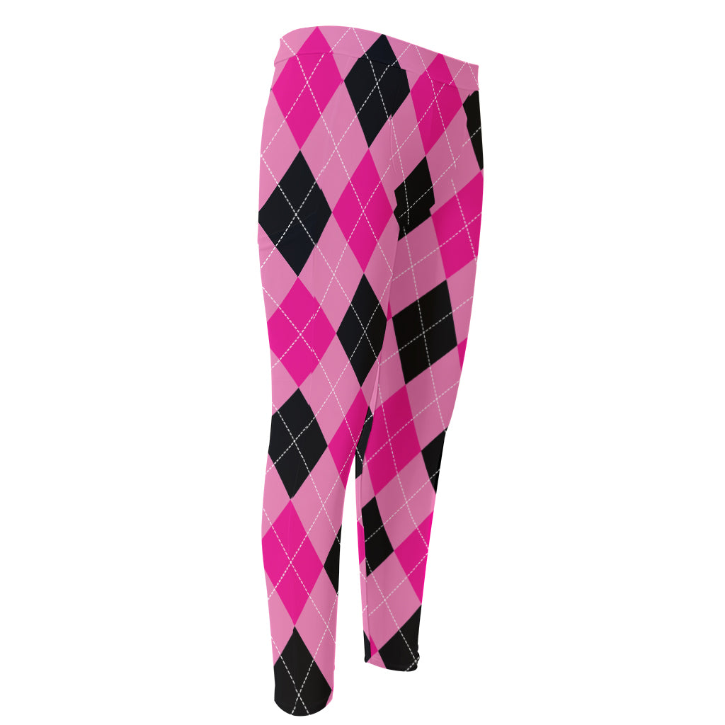 Pink And Black Argyle Pattern Print Men's Compression Pants