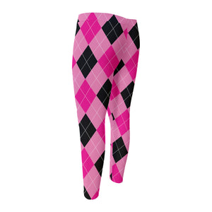 Pink And Black Argyle Pattern Print Men's Compression Pants