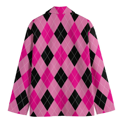 Pink And Black Argyle Pattern Print Men's Cotton Blazer