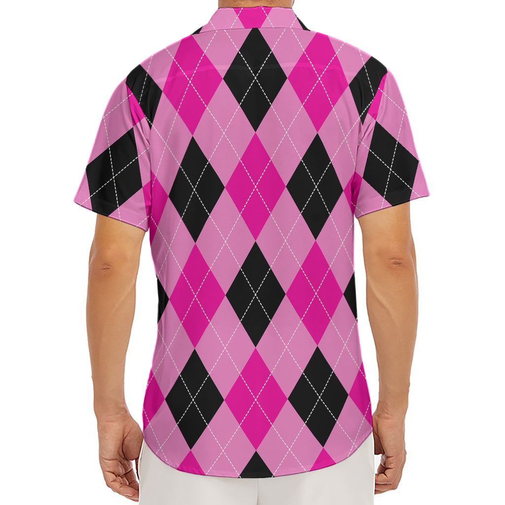 Pink And Black Argyle Pattern Print Men's Deep V-Neck Shirt