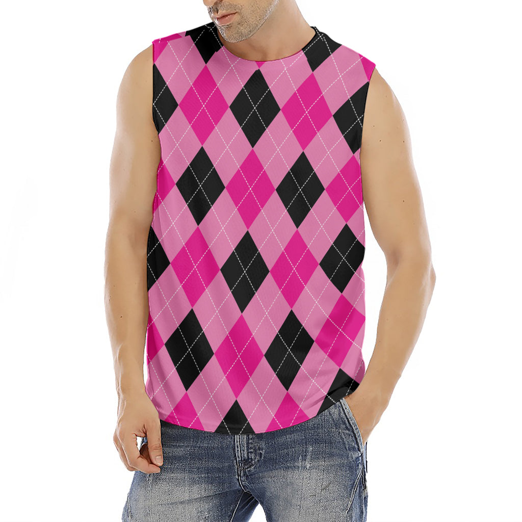 Pink And Black Argyle Pattern Print Men's Fitness Tank Top