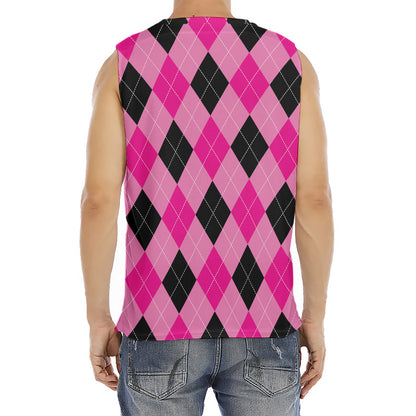 Pink And Black Argyle Pattern Print Men's Fitness Tank Top