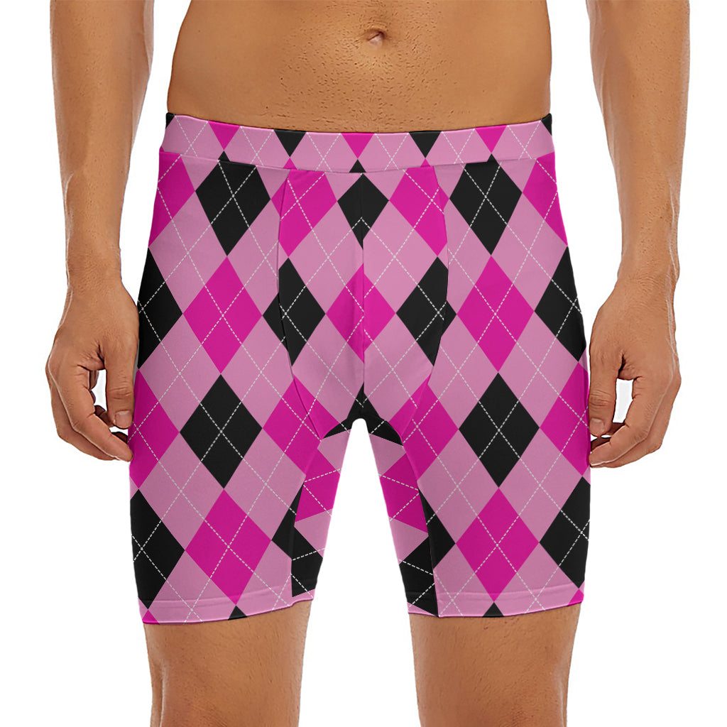 Pink And Black Argyle Pattern Print Men's Long Boxer Briefs