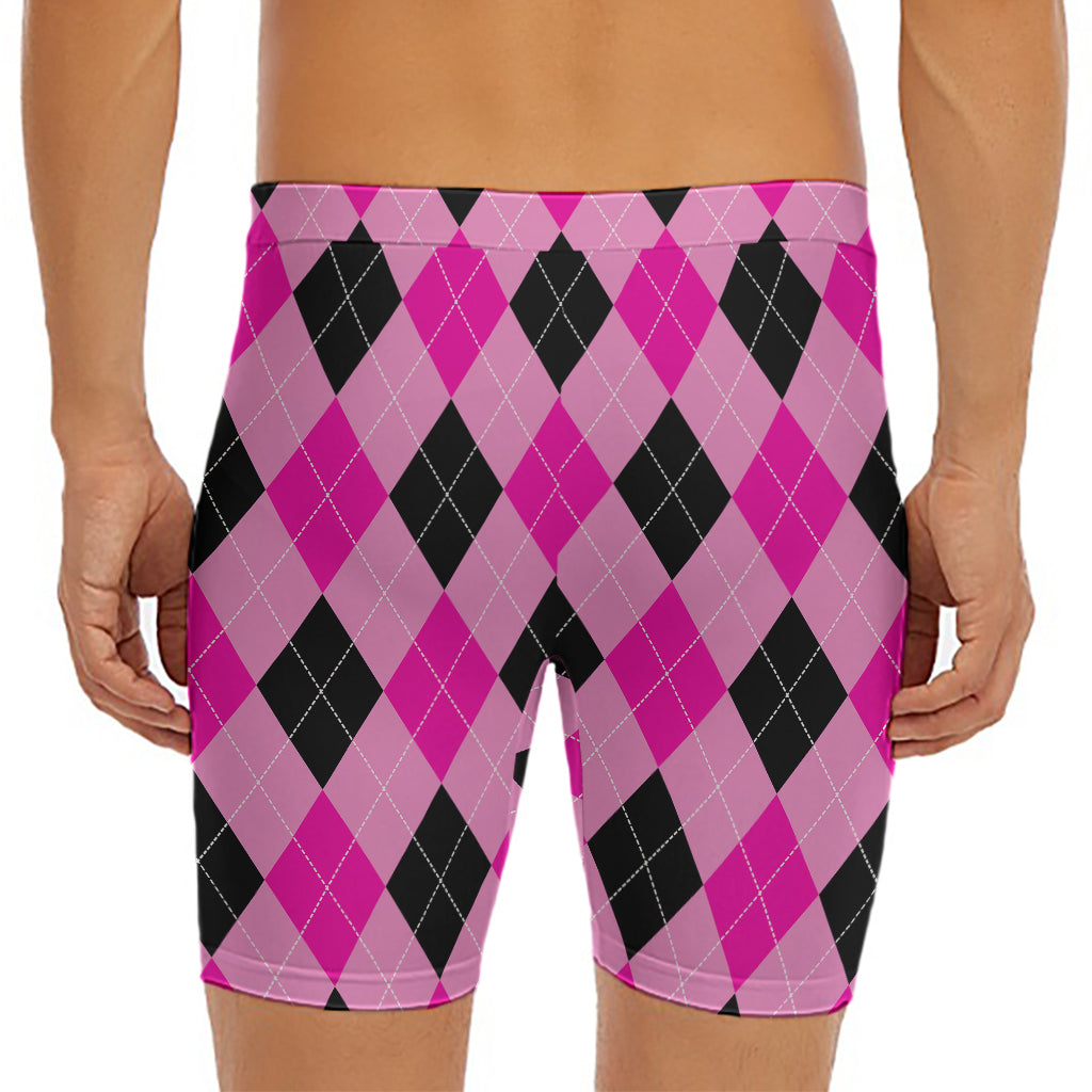 Pink And Black Argyle Pattern Print Men's Long Boxer Briefs