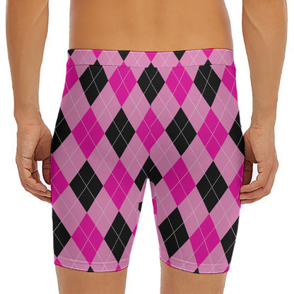 Pink And Black Argyle Pattern Print Men's Long Boxer Briefs