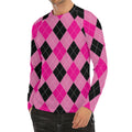 Pink And Black Argyle Pattern Print Men's Long Sleeve Rash Guard