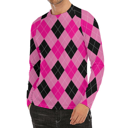 Pink And Black Argyle Pattern Print Men's Long Sleeve Rash Guard