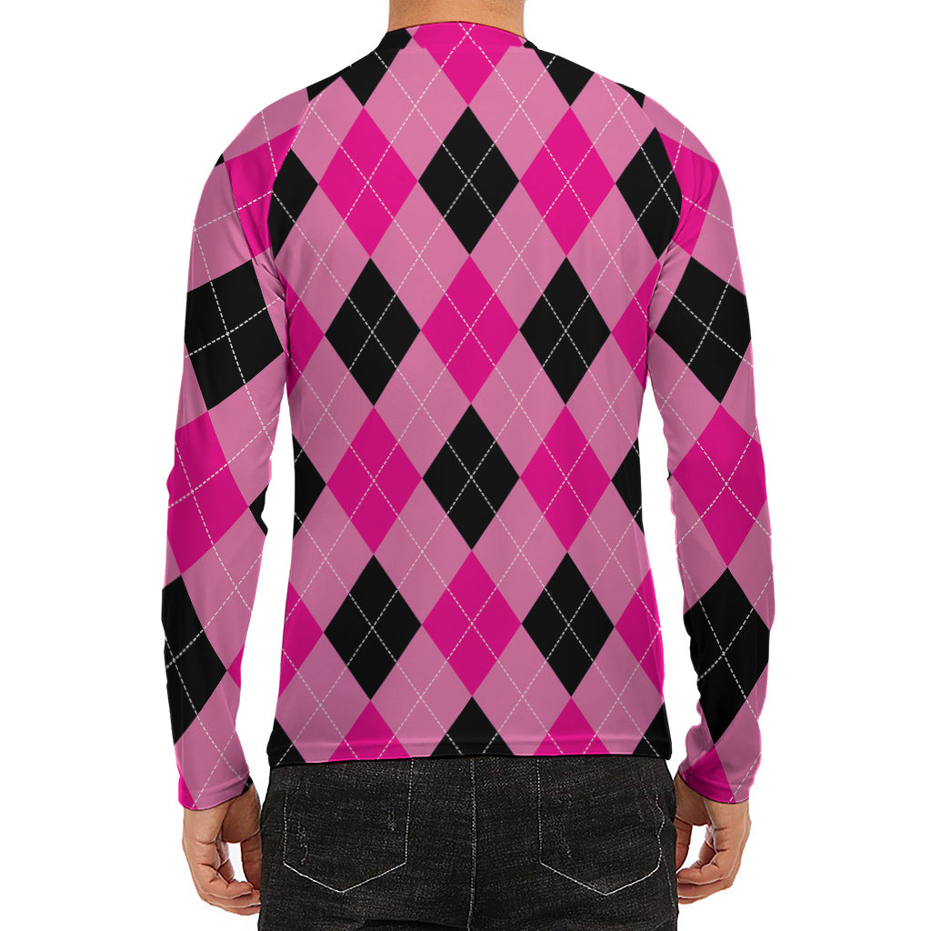 Pink And Black Argyle Pattern Print Men's Long Sleeve Rash Guard