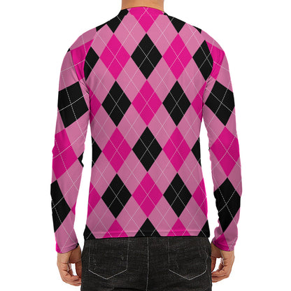 Pink And Black Argyle Pattern Print Men's Long Sleeve Rash Guard