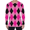 Pink And Black Argyle Pattern Print Men's Long Sleeve T-Shirt