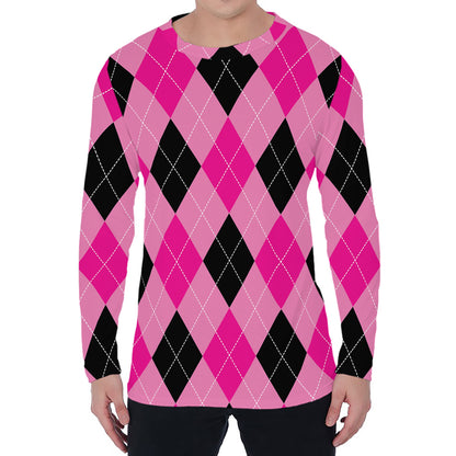 Pink And Black Argyle Pattern Print Men's Long Sleeve T-Shirt