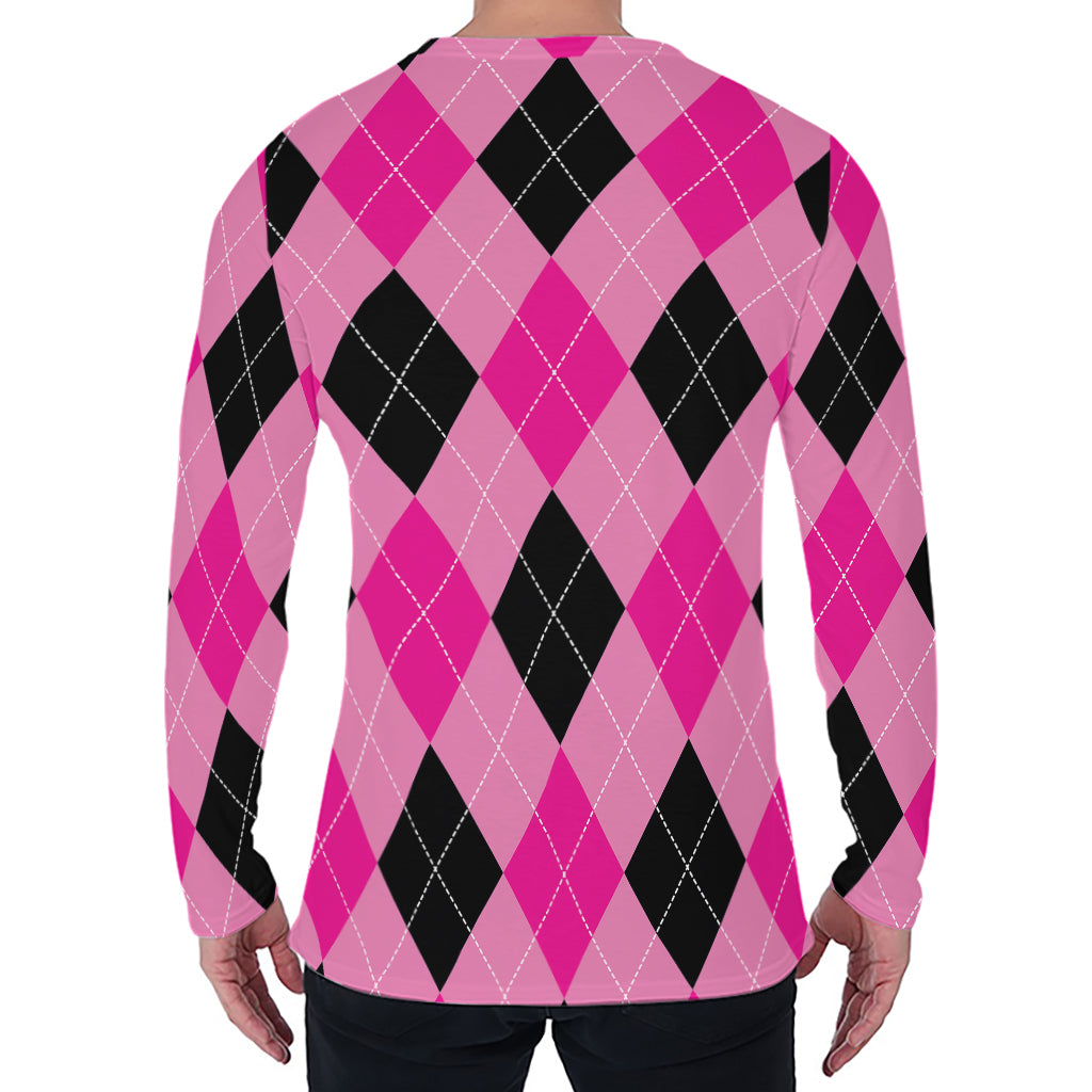 Pink And Black Argyle Pattern Print Men's Long Sleeve T-Shirt