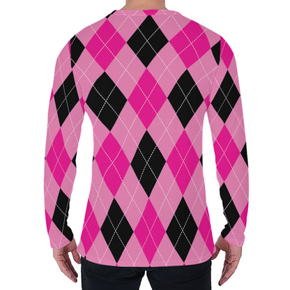 Pink And Black Argyle Pattern Print Men's Long Sleeve T-Shirt