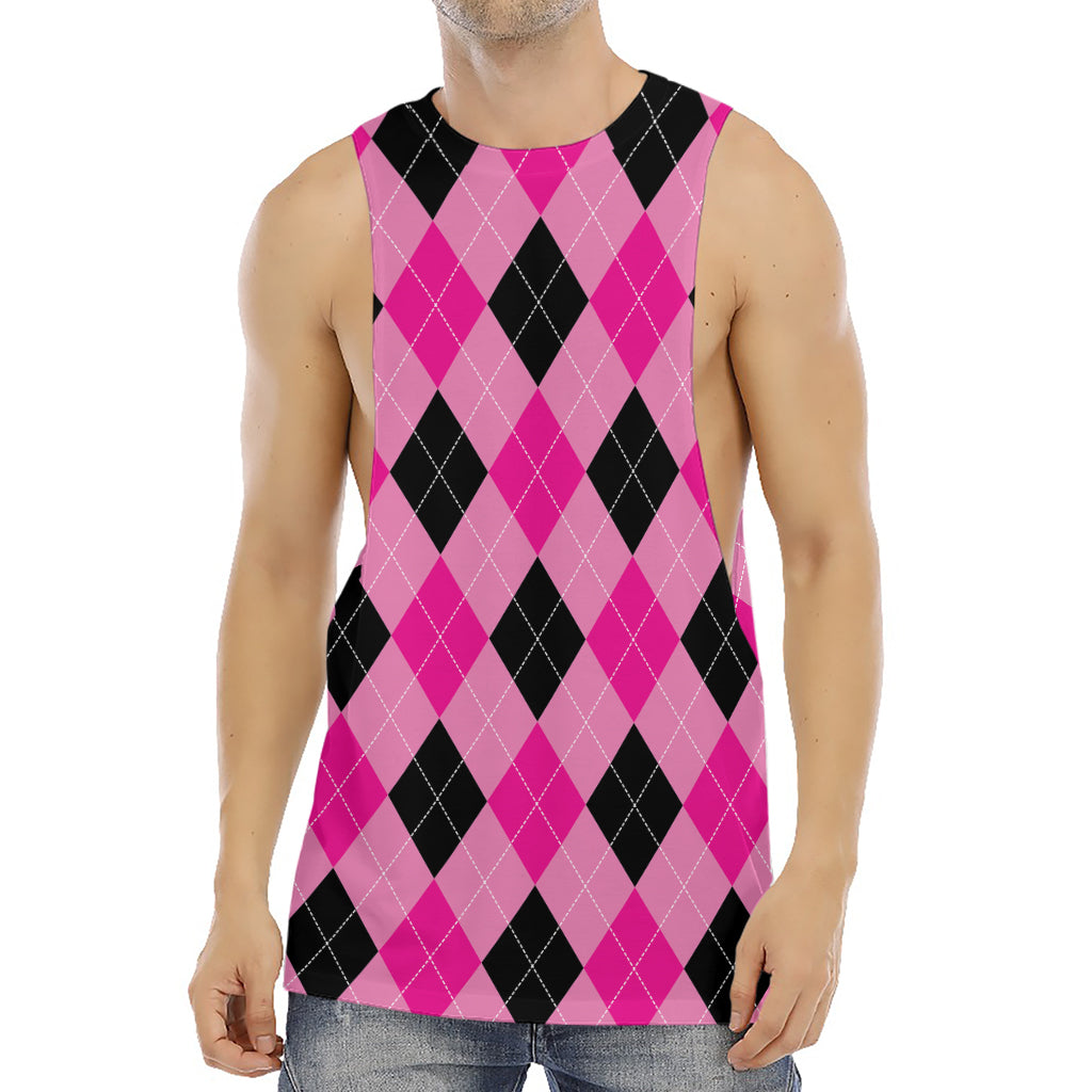 Pink And Black Argyle Pattern Print Men's Muscle Tank Top