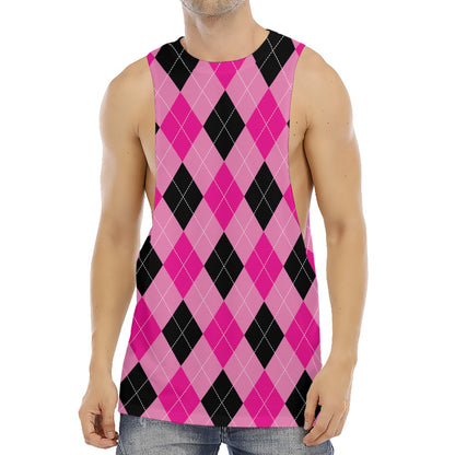 Pink And Black Argyle Pattern Print Men's Muscle Tank Top