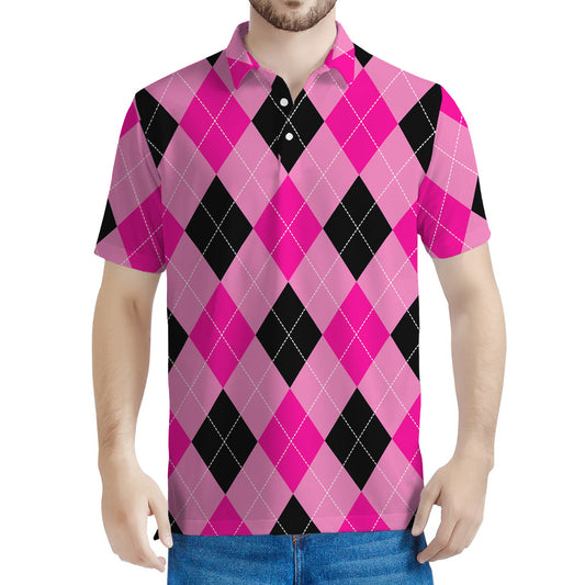 Pink And Black Argyle Pattern Print Men's Polo Shirt