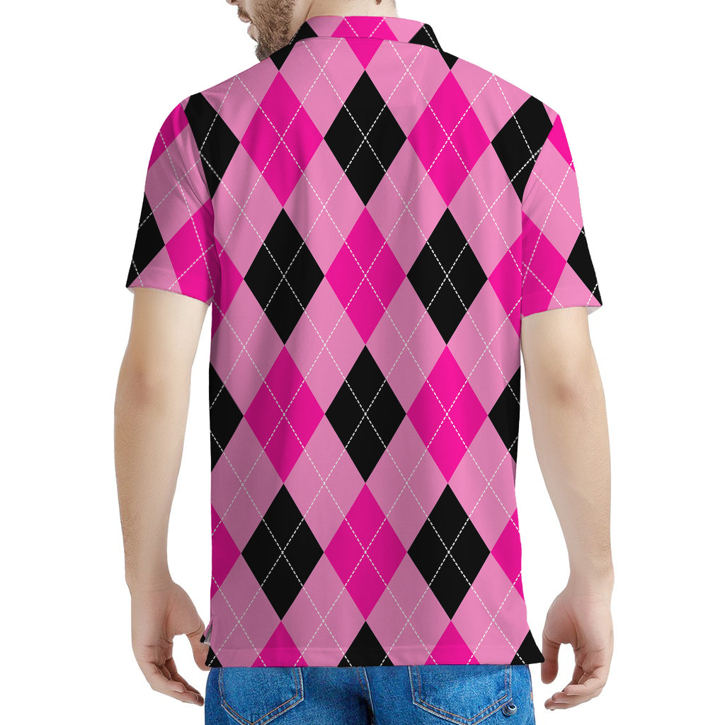 Pink And Black Argyle Pattern Print Men's Polo Shirt