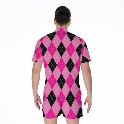 Pink And Black Argyle Pattern Print Men's Rompers
