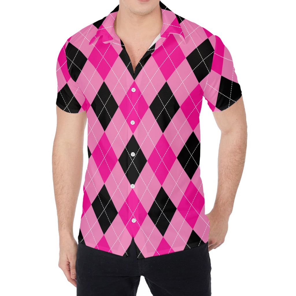 Pink And Black Argyle Pattern Print Men's Shirt