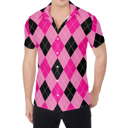 Pink And Black Argyle Pattern Print Men's Shirt