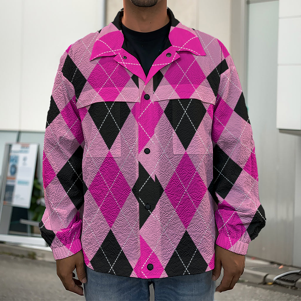 Pink And Black Argyle Pattern Print Men's Shirt Jacket