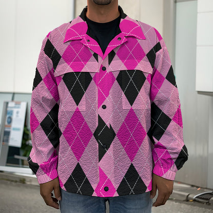 Pink And Black Argyle Pattern Print Men's Shirt Jacket