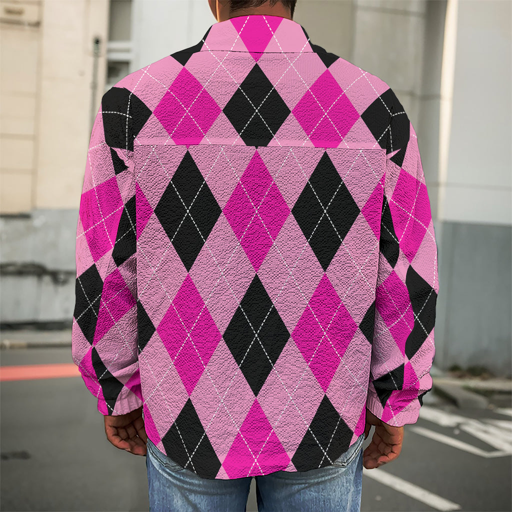 Pink And Black Argyle Pattern Print Men's Shirt Jacket