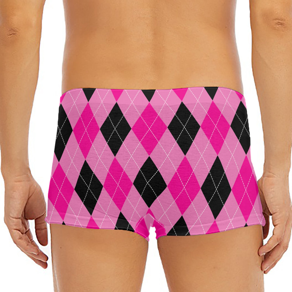 Pink And Black Argyle Pattern Print Men's Short Boxer Briefs