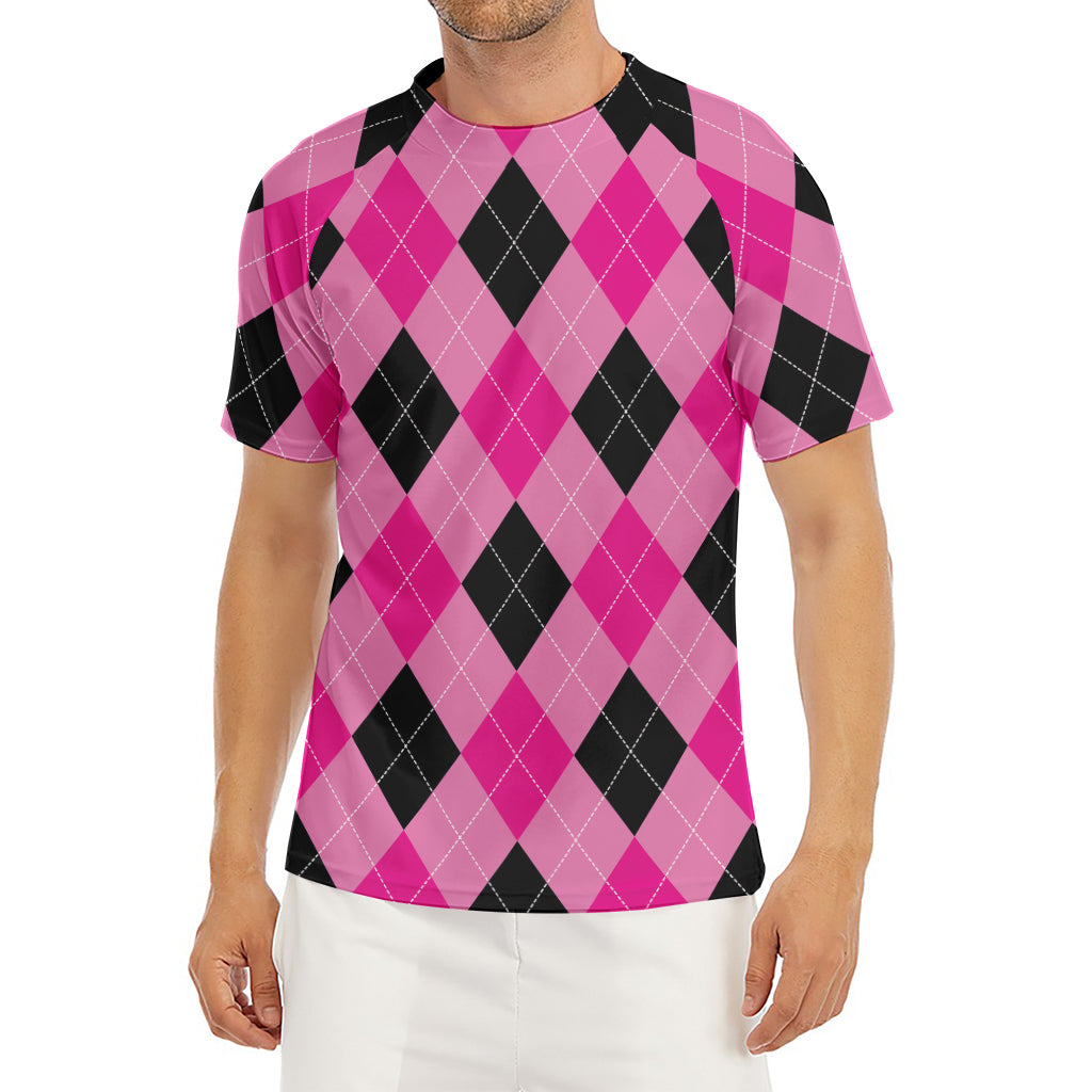 Pink And Black Argyle Pattern Print Men's Short Sleeve Rash Guard